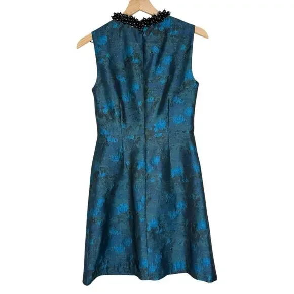 Betsey Johnson Blue Green Jacquard Beaded Collar Dress 4 Holiday Party - Picture 2 of 7